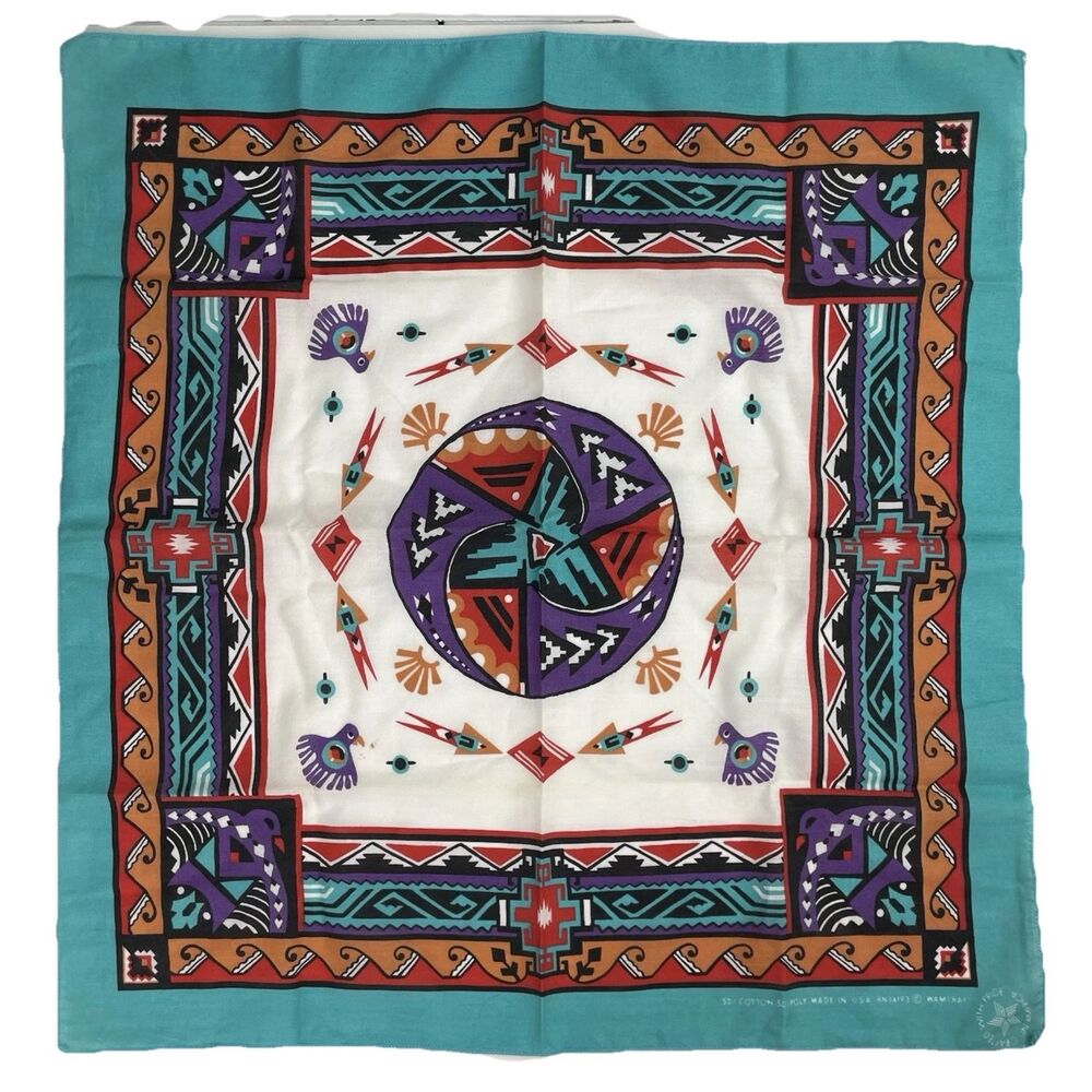 Vintage Wamcraft Bandana Handkerchief Aztec Native American Turquoise Purple